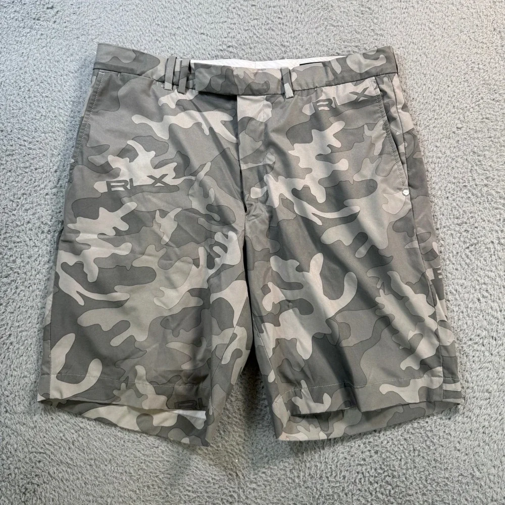 RLX Ralph Lauren Mens Gray Camo Golf Shorts Size 33 Performance Stretch Active
